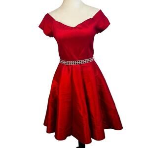 Vintage DUUL-CE Red Fit n Flare Off-Shoulder Satin Party Dress – Approx Size 6/8